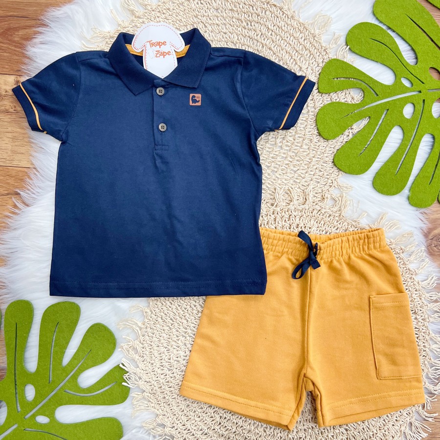 Conj. Camiseta Gola Polo Dino BG e Bermuda - Marinho e Mostarda
